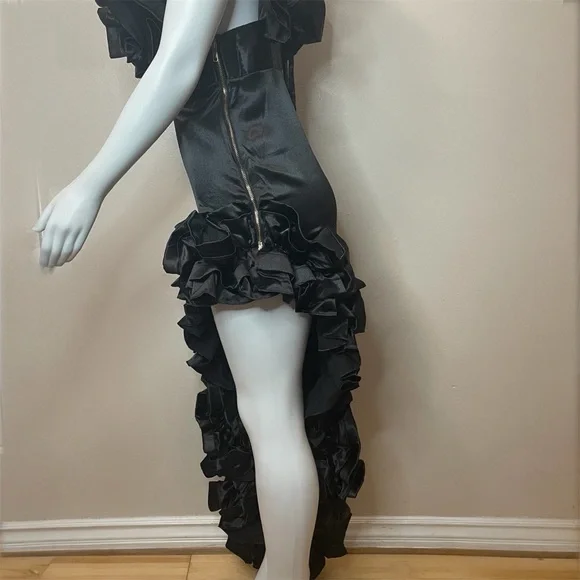 Black satin deep V-neck high low ruffle dress - Picture 6 of 13